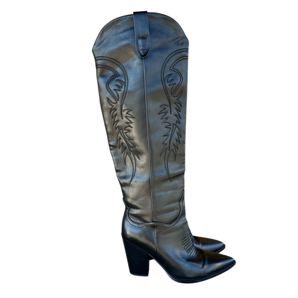 Boutique 10 Black Faux Leather Knee High Cowboy Boots Cowgirl Western Festival - Picture 1 of 10